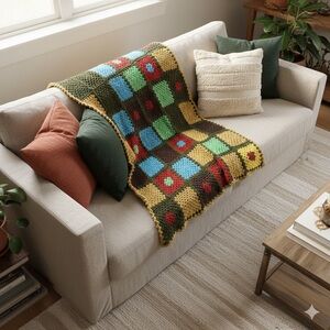 Vintage Handmade Crochet Granny Square Afghan Blanket Multi-Color Boho 43x68